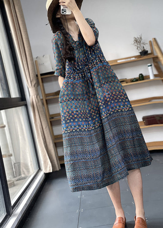 Navy V Neck Cinched Print Linen Long Dress Short Sleeve