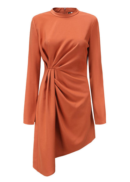 French Brown O-neck Wrinkled Asymmetrical Patchwork Mid Dress Fall