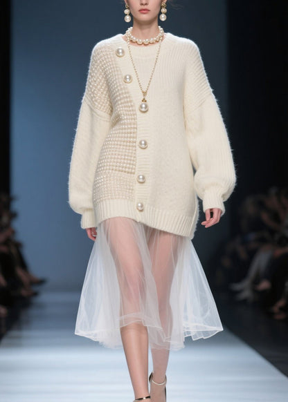 Beige O Neck Tulle Patchwork Knit Sweater Dress Fall