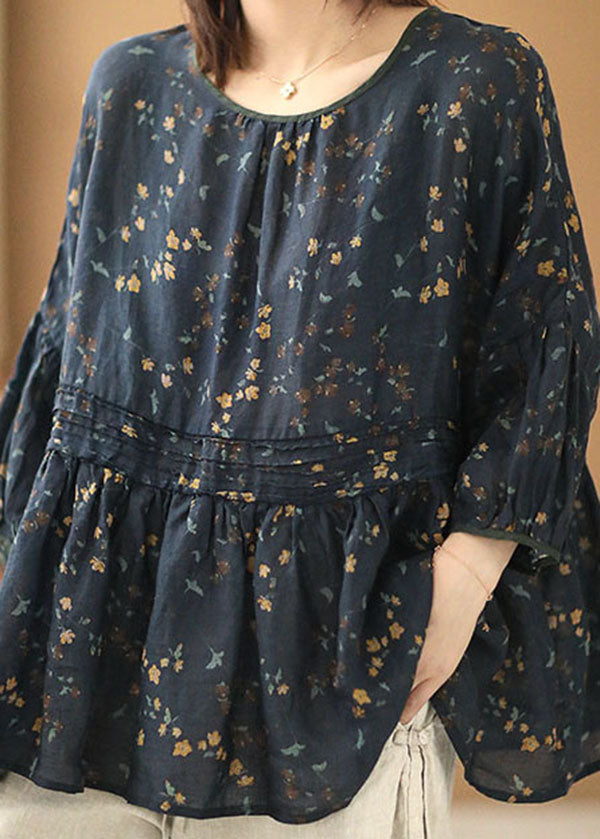 Style Navy O-neck Wrinkled Print Cotton Blend Loose Shirt Tops Batwing Sleeve