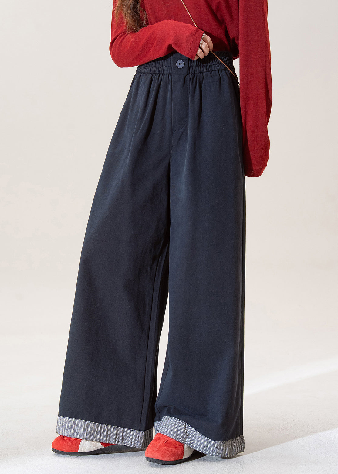 Stylish Blue Elastic Waist Patchwork Denim Wide Leg Pants Spring