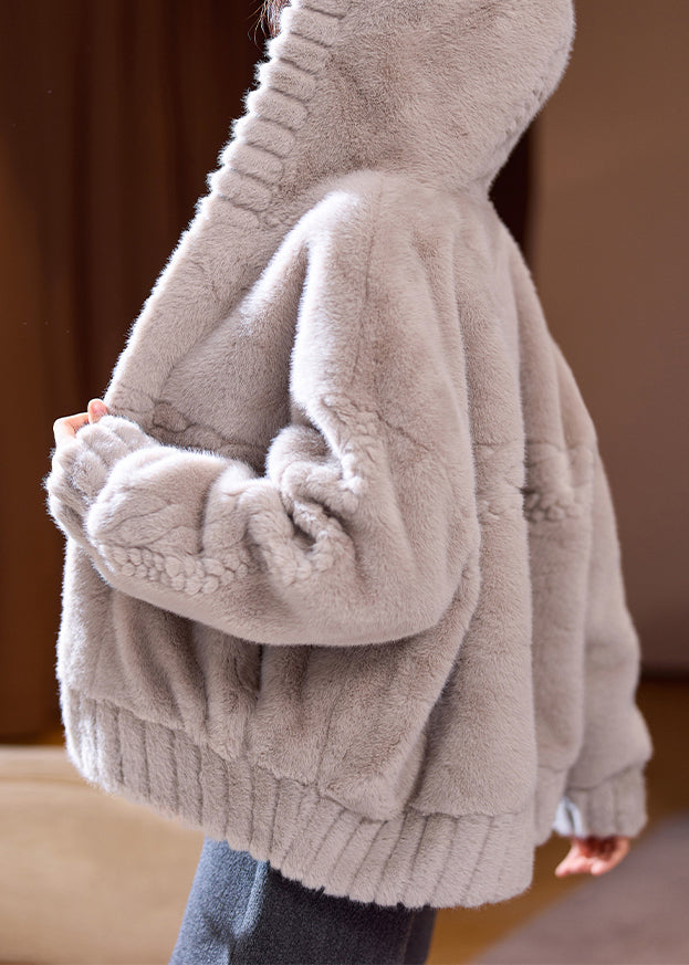 Loose Coffee Hooded Zippered Leather and Fur Coats Winter