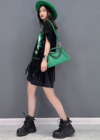 French Black O-neck Tassel Print Cotton Tank Tops Short Sleeve
