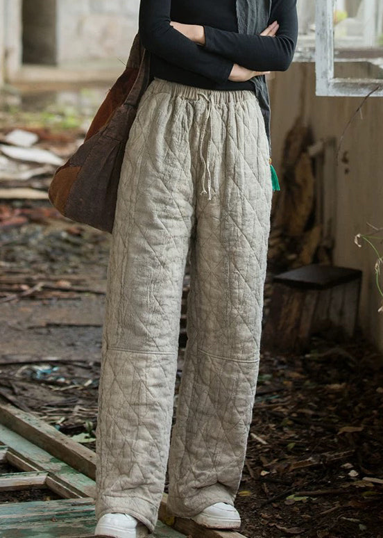 Oatmeal Plaid Tie Dye Pockets Cotton Filled Straight Pants