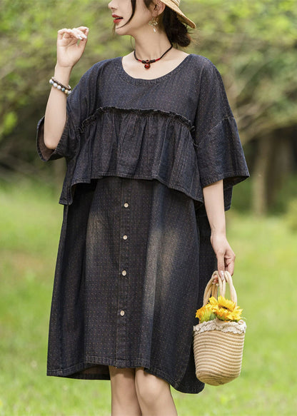 Loose Black O-neck Ruffled Print Denim Dress Summer