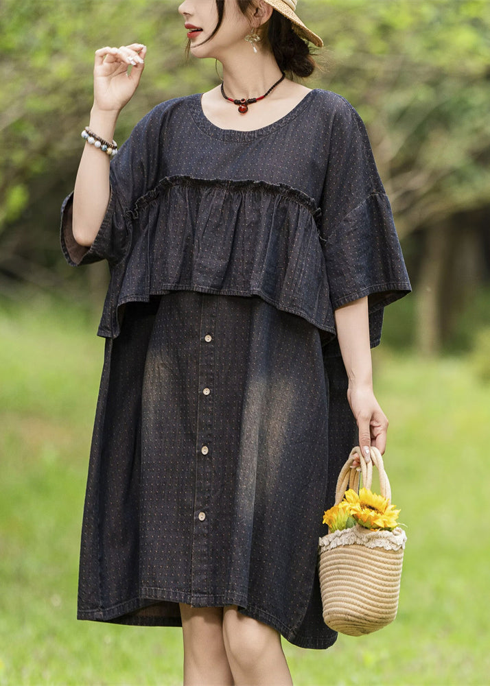 Loose Black O-neck Ruffled Print Denim Dress Summer