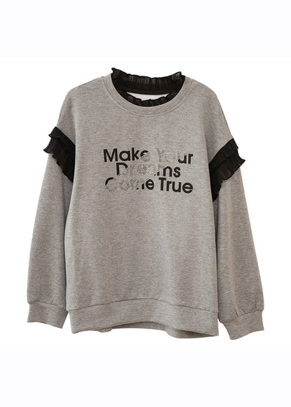 Grey O-neck Ruffled Graphic Patchwork Zircon Sweatshirts Fall