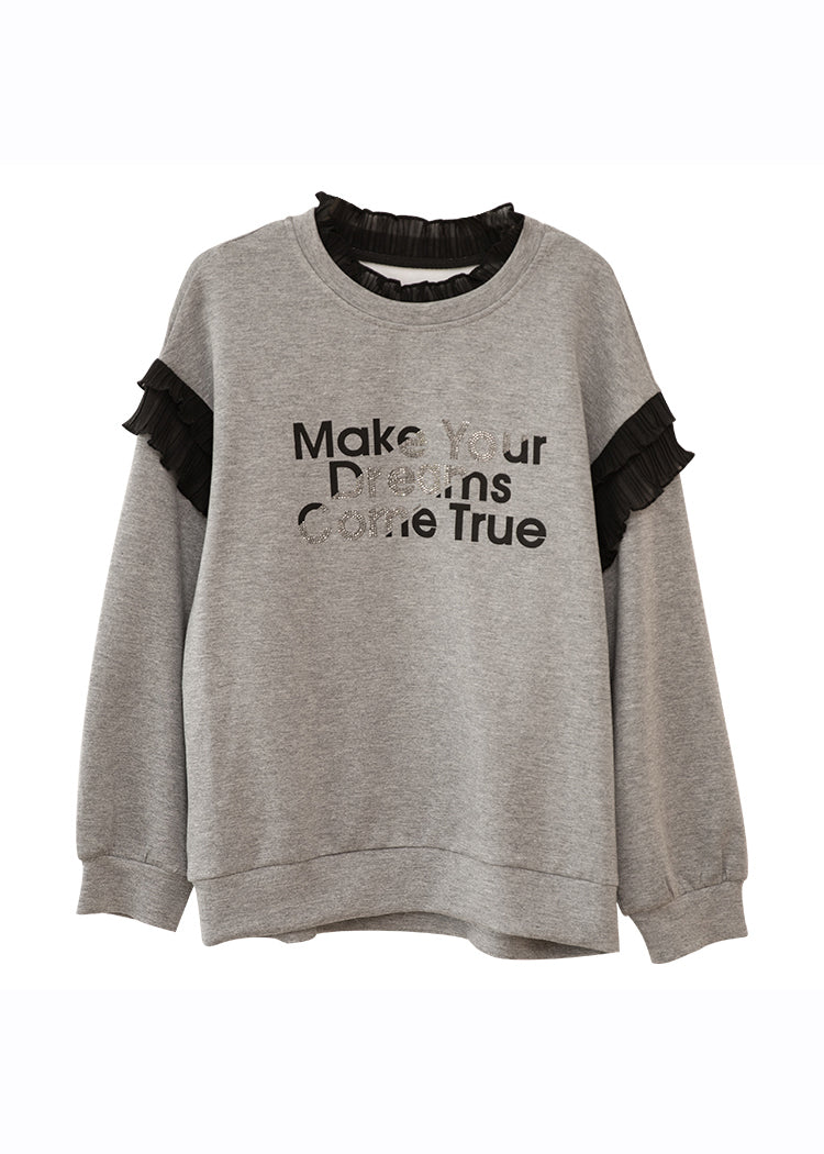 Grey O-neck Ruffled Graphic Patchwork Zircon Sweatshirts Fall