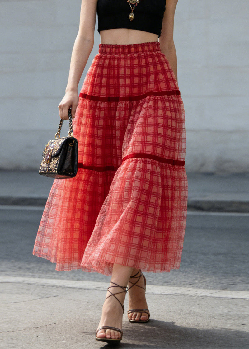 New Red Plaid Wrinkled Patchwork Tulle Skirts Summer