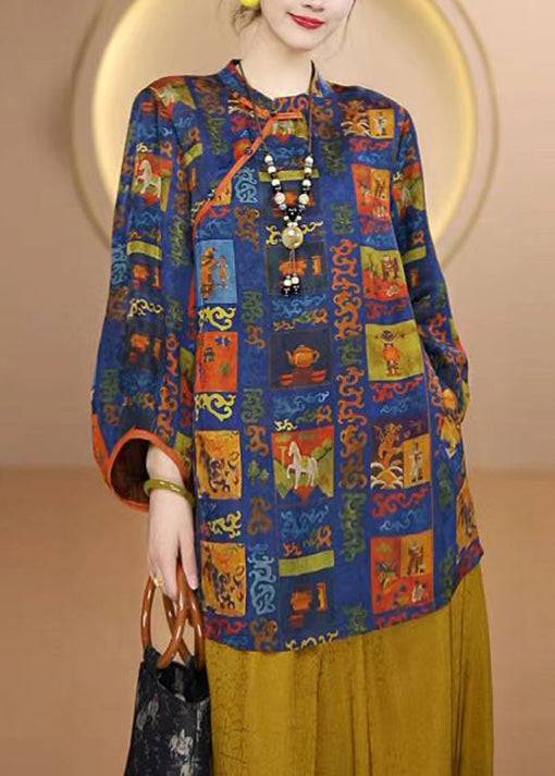 Blue Print Chinese Button Silk Shirt Top Fall