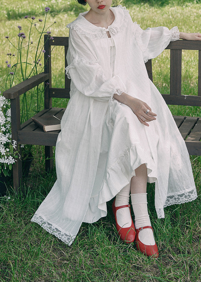 White Ruffled Lace Patchwork Cotton Long Cardigan Fall