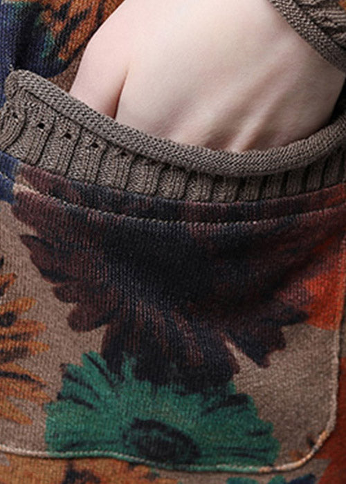 Baggy V Neck Print Pockets Knit Tops Long Sleeve