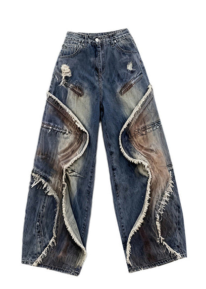 Blue Tasseled Pockets Patchwork Denim Wide Leg Pants Spring