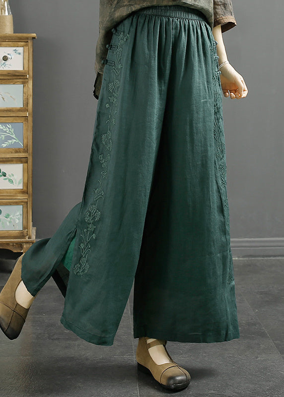 Blackish Green Embroideried Side Open Linen Crop Pants Spring