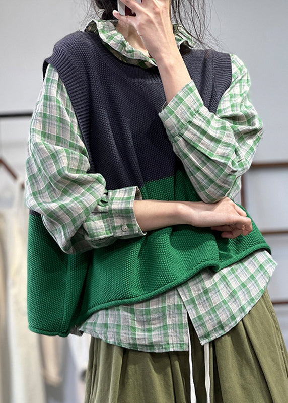 Blue O Neck Patchwork Cozy Knit Waistcoat Sleeveless