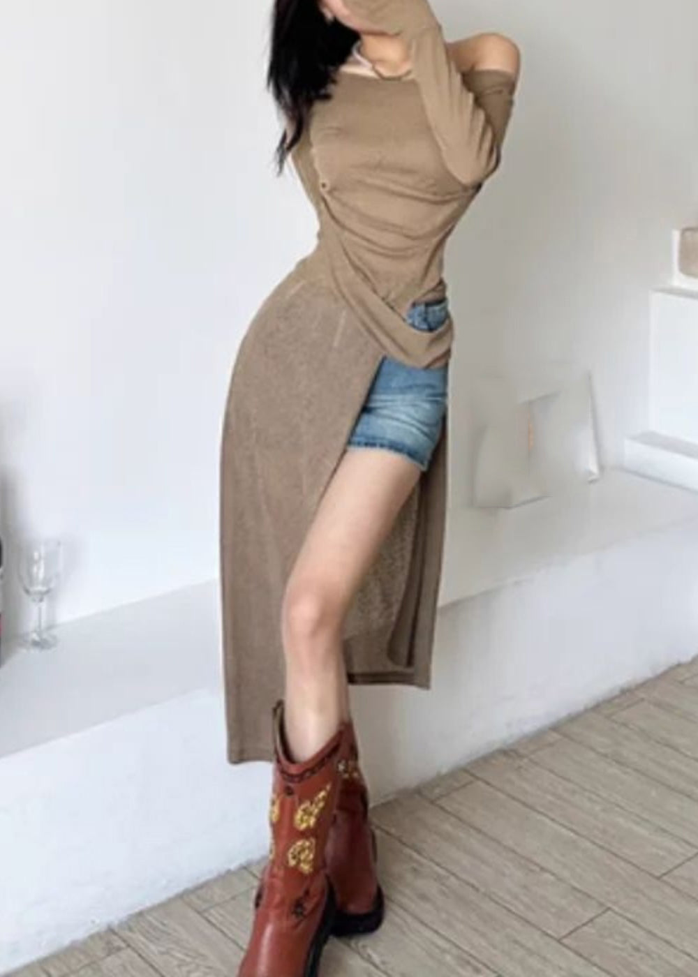 Brown One Shoulder Asymmetrical Side Open Silk Maxi Dresses Fall