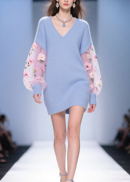 Diy Blue V Neck Tulle Patchwork Knit Sweater Dress Fall