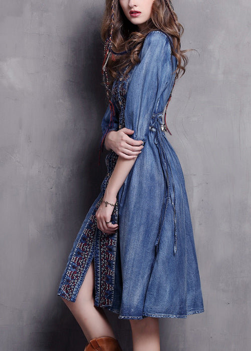 Blue V Neck Embroideried Cotton Vacation Denim Dresses Half Sleeve
