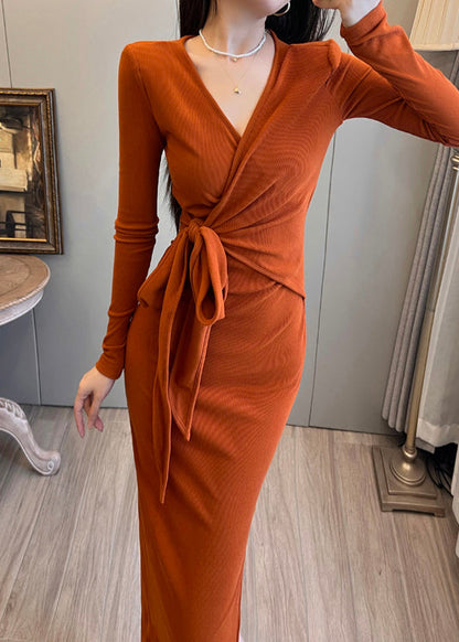Orange Tie Waist Side Open Knit Long Dress