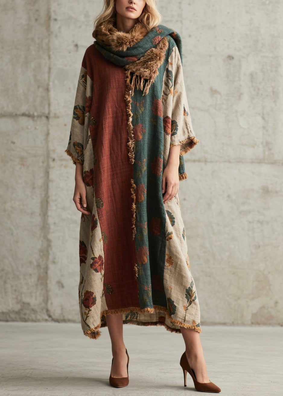 Colorblock Oversized Patchwork Faux Fur Maxi Dresses Bracelet Sleeve