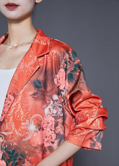 Diy Orange Lapel Print Silk Two Pieces Set Fall