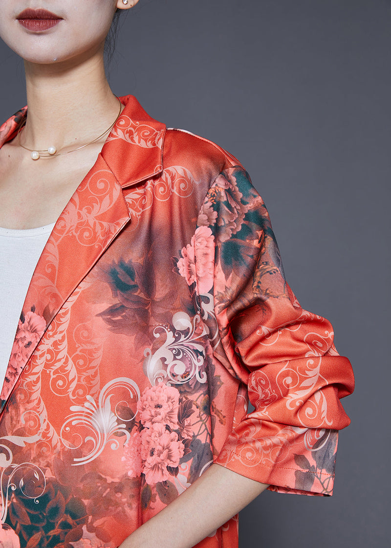 Diy Orange Lapel Print Silk Two Pieces Set Fall