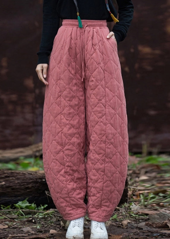Pink Elastic Waist Thick Cotton Filled Winter Pants Plaid