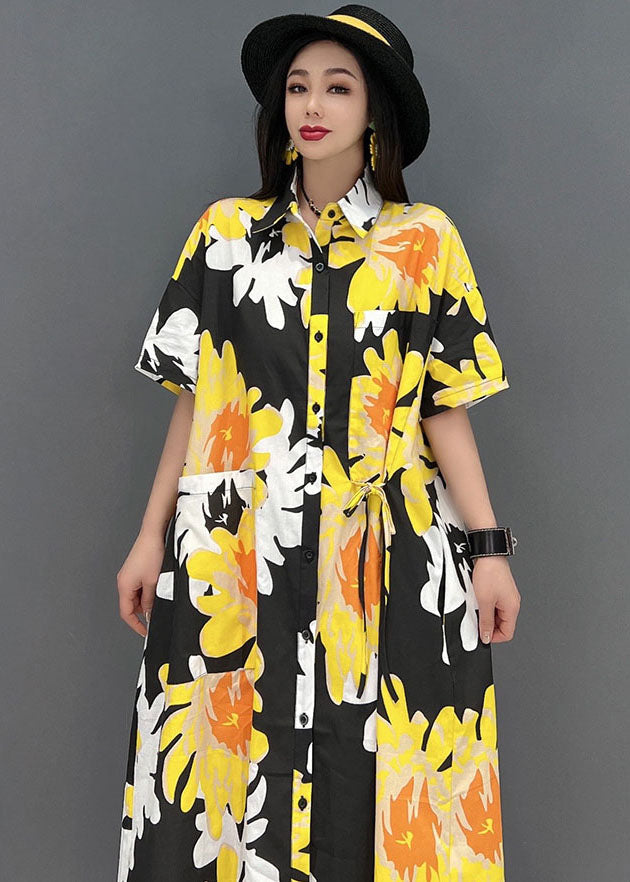 Yellow Peter Pan Collar Print Pockets Chiffon Maxi Dress Short Sleeve