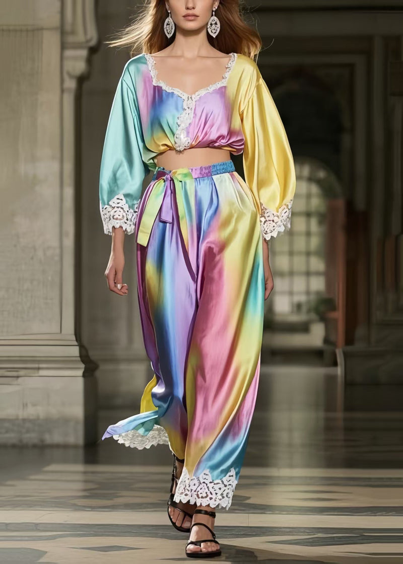 Rainbow Tie Dye Patchwork Lace Silk Two Piece Suit Set Spring