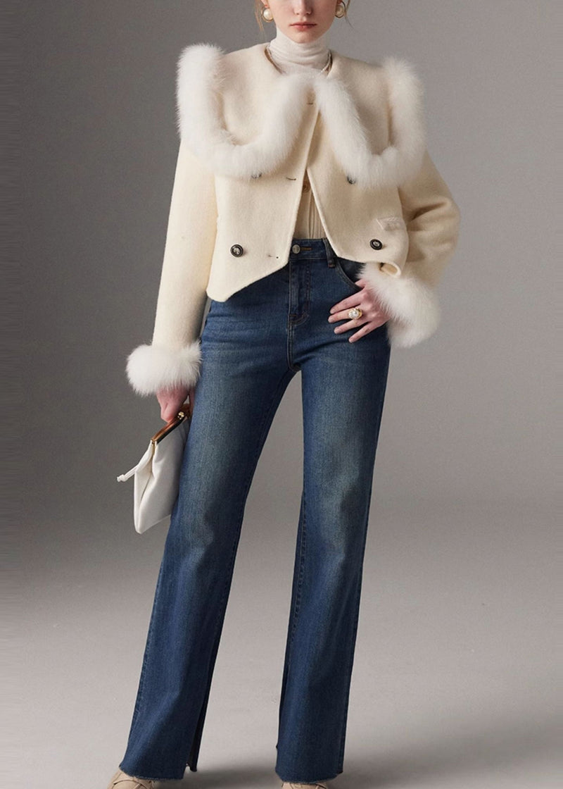 White Peter Pan Collar Patchwork Fox Fur Wool Coat Winter