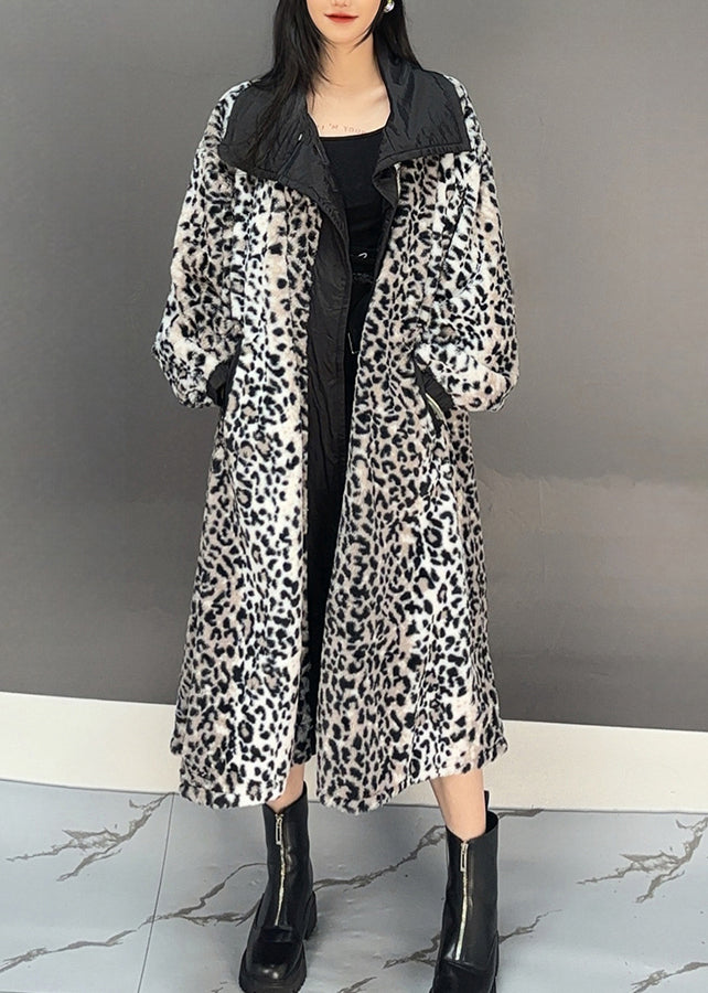Dark Grey Leopard Patchwork Pockets Long Trench Coat Spring