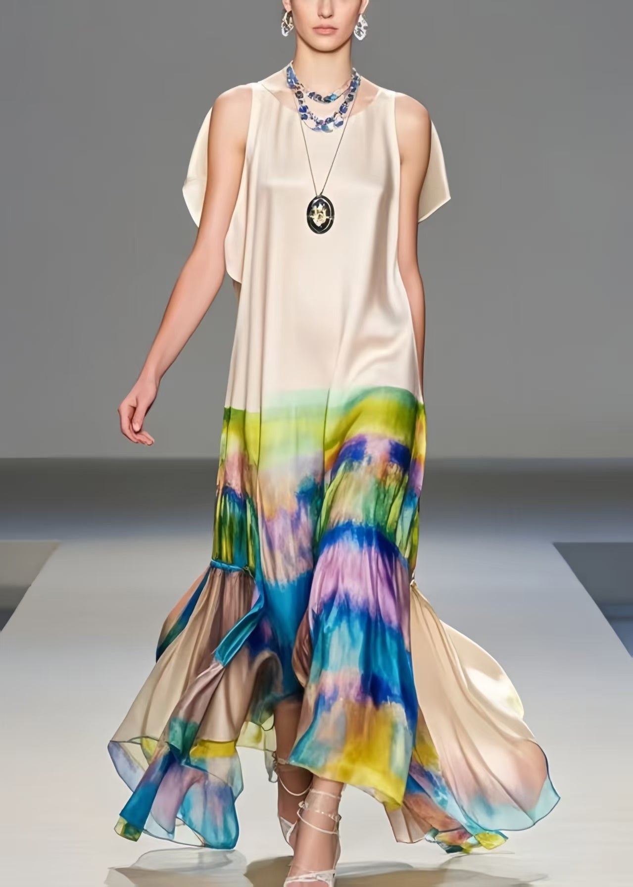 Unique Apricot Cold Shoulder Tie Dye Silk Long Dresses Sleeveless