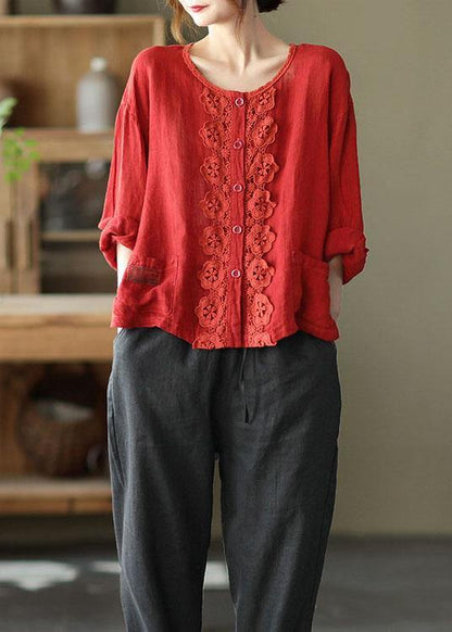 Modern Red Hollow Out Embroideried Pockets Fall Long Sleeve Shirt Tops
