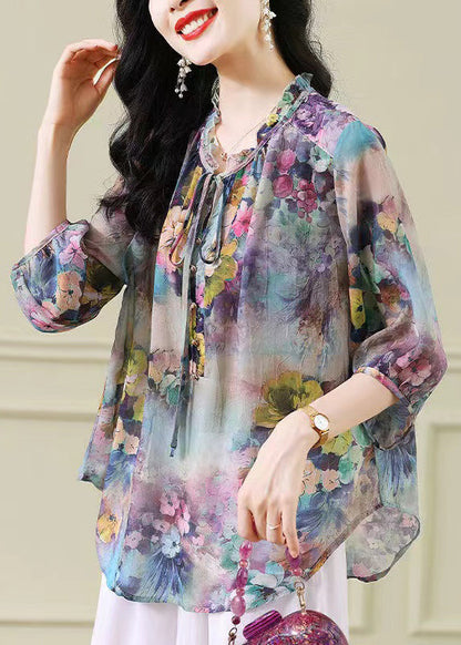 Blue Ruffled Print Chiffon Shirts Bracelet Sleeve