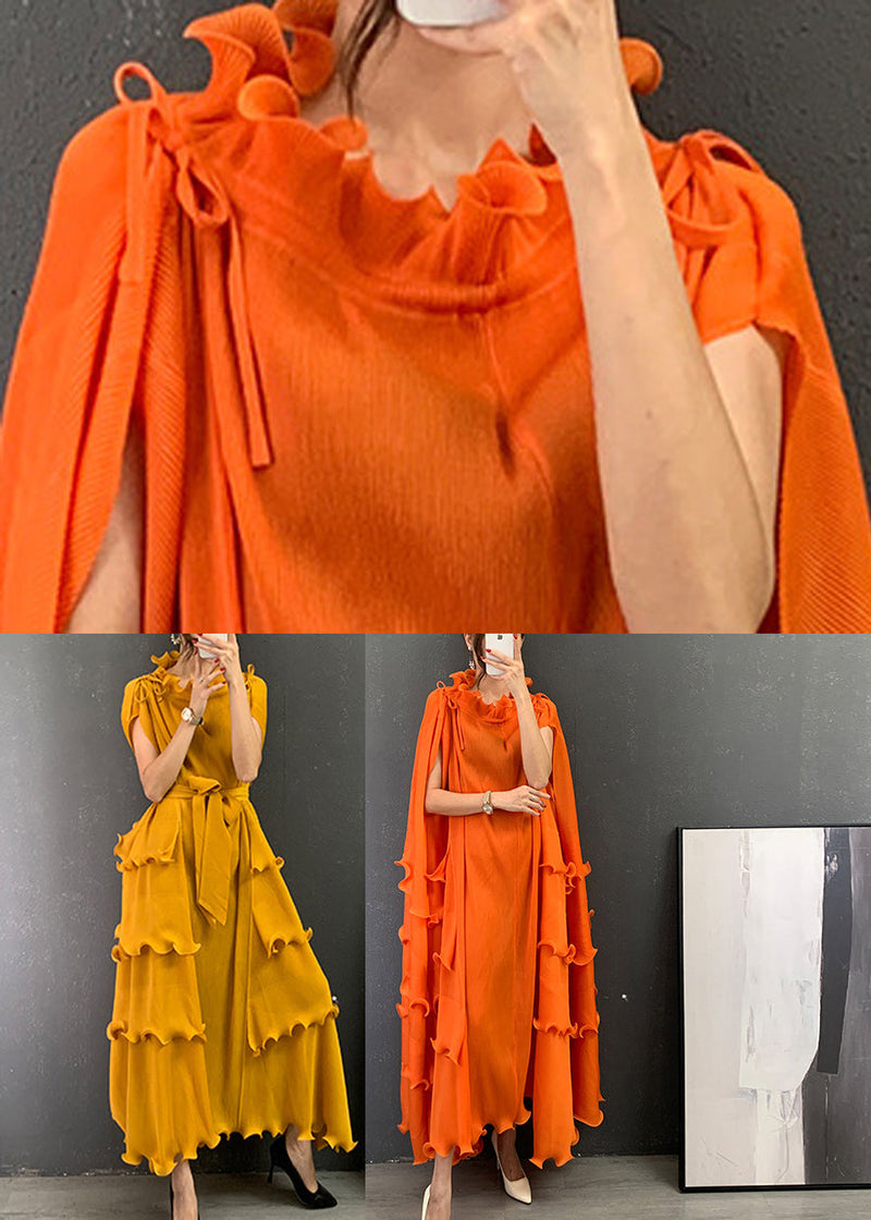 Italian Orange O-neck Ruffled Patchwork Vestidos Dress Short Sleeve