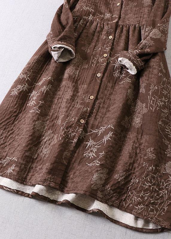 Art Blue Button Patchwork Pockets Fall Print Long Sleeve Dress