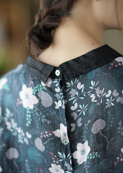Natural Navy Peter Pan Collar Print Summer Ramie Half Sleeve