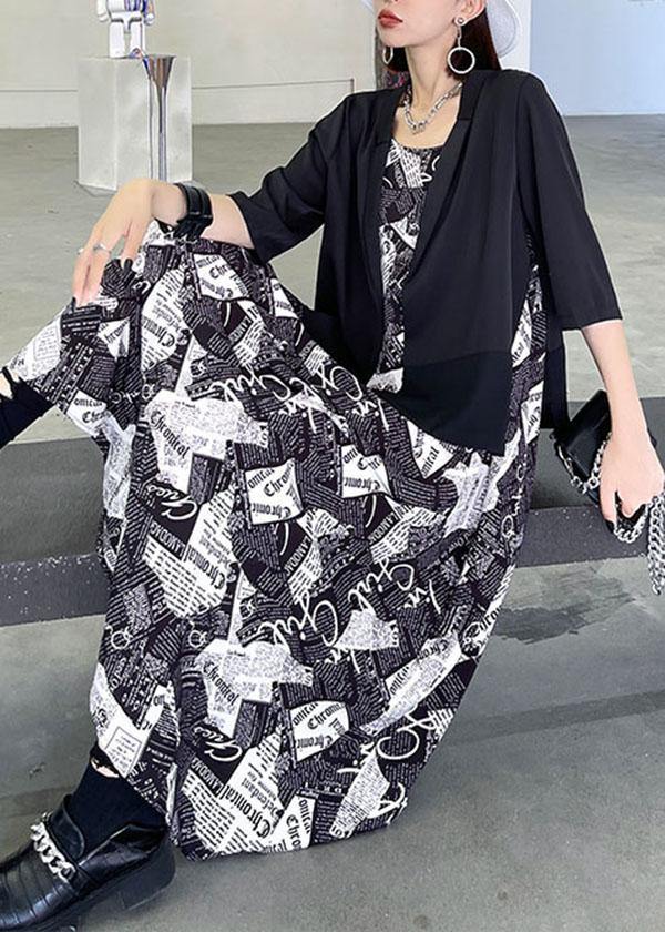 Black Cold Shoulder Print Side Open Cotton Sleeveless Summer Maxi Dress