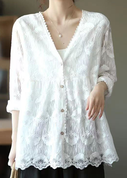 White V Neck Embroideried Lace Cardigans Tops Spring