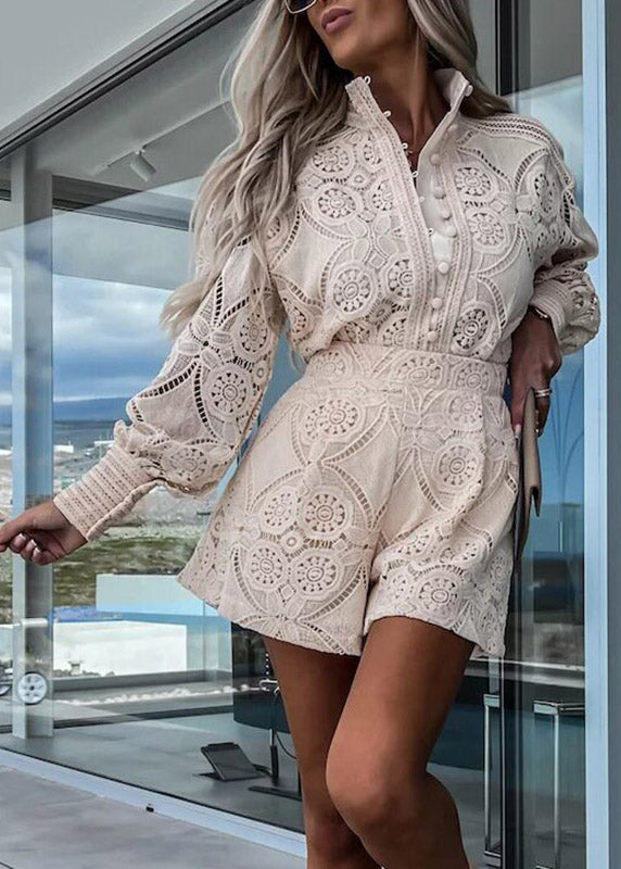 Apricot Button Lace Shirts and Shorts Two Piece Set Spring