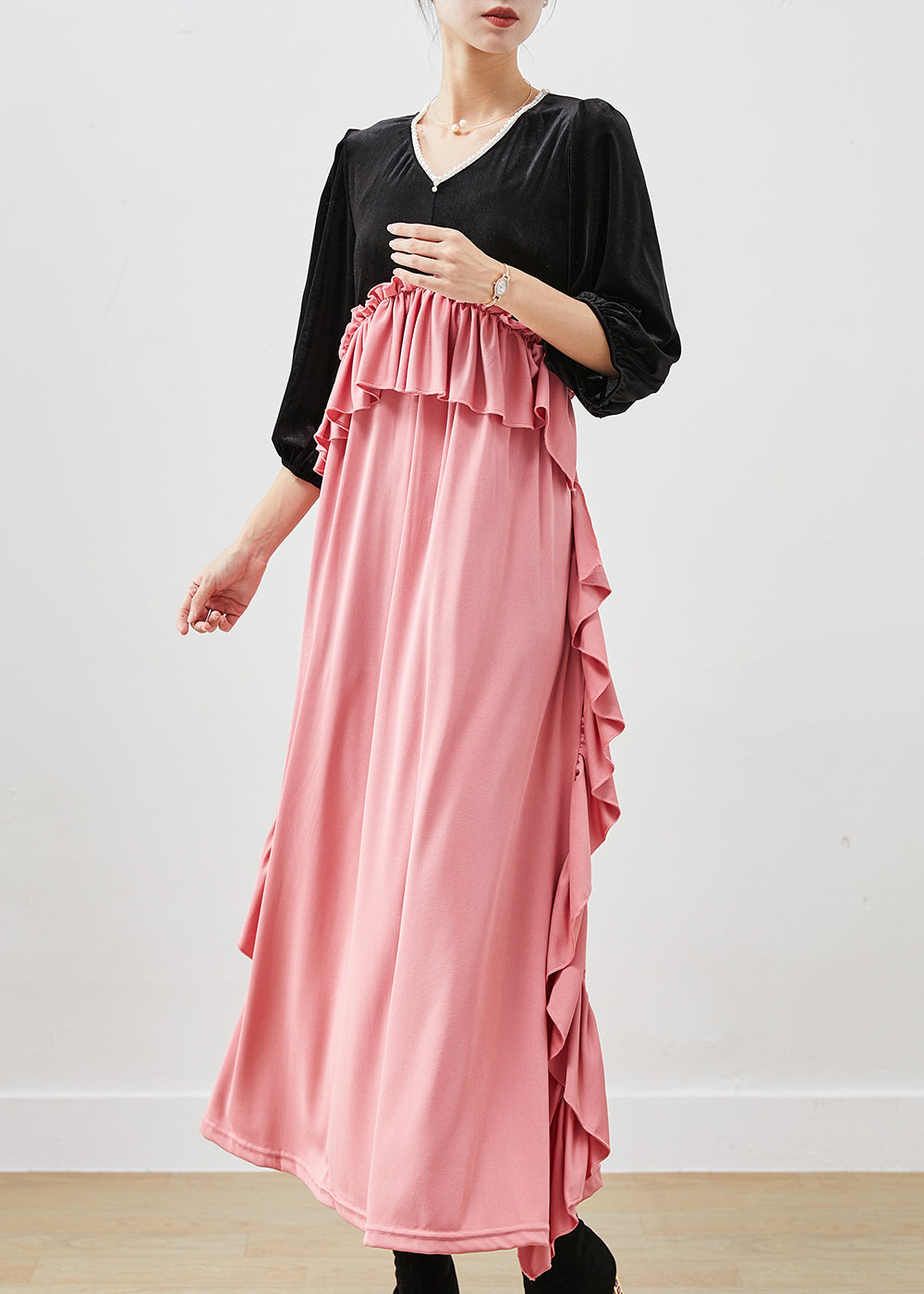 Colorblock Ruffled Patchwork Silk Velour Long Dress Fall