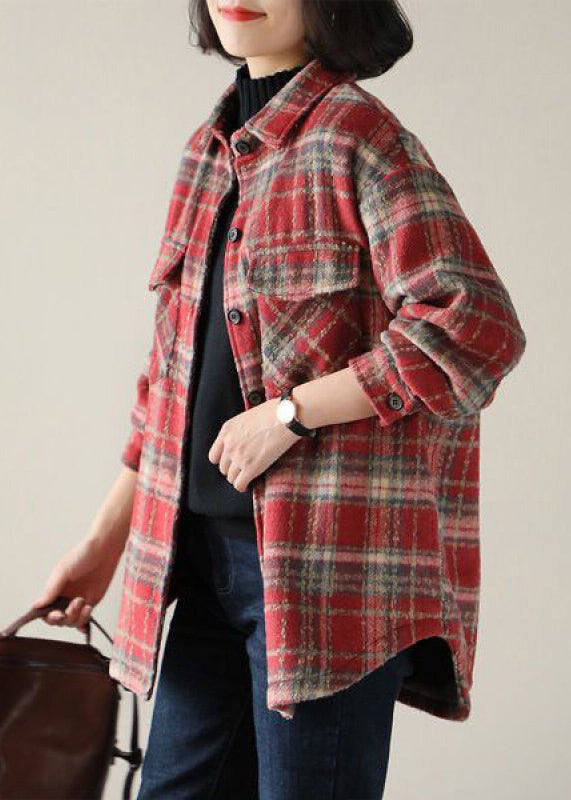 Red Peter Pan Collar Plaid Cotton Shirt Tops Spring