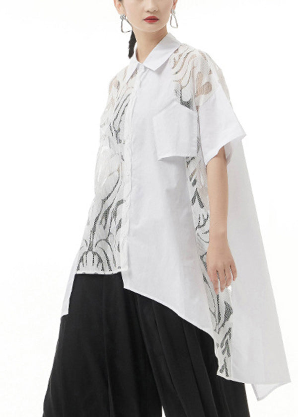 White Peter Pan Collar Lace Patchwork Shirt Tops Short Sleeve