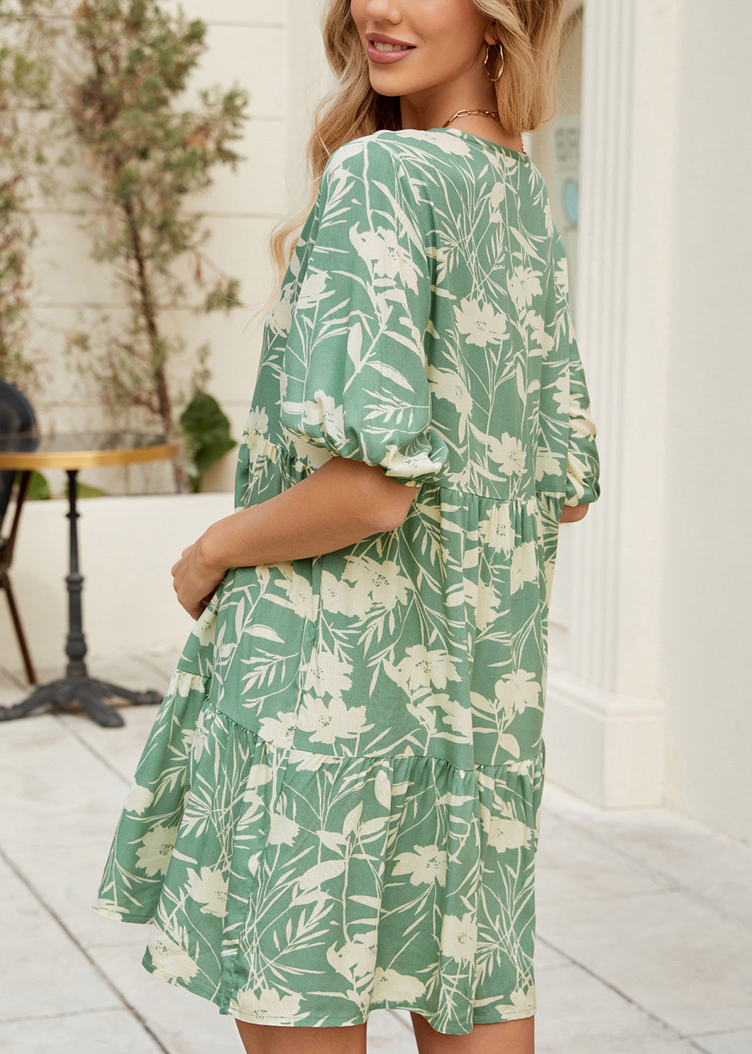 Green V Neck Print Cotton Mid Dress Summer