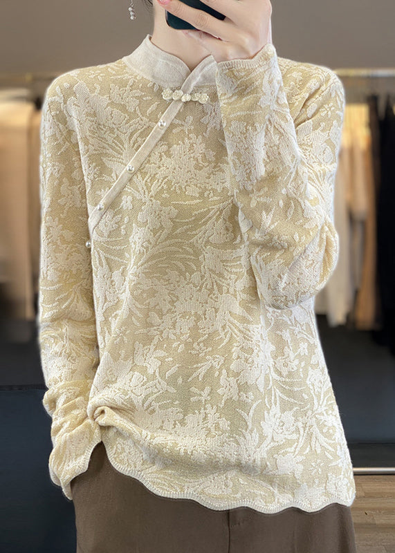 Beige Stand Collar Jacquard Woolen Sweater Spring