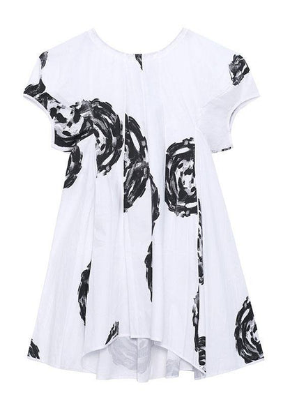 Unique Black Print O Neck Cotton Puff Sleeve Mini Dress Summer
