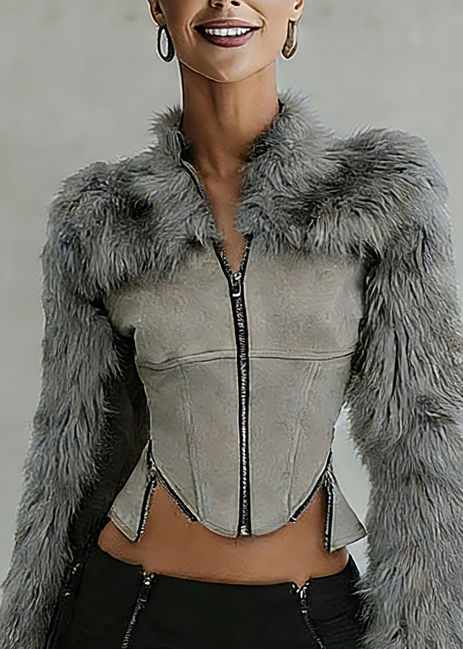 Grey Fur Collar Zippered Faux Suede Patchwork Coats Spring