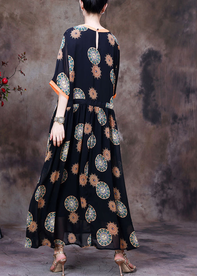Black O-neck Drawstring Patchwork Print Chiffon Long Dress Half Sleeve