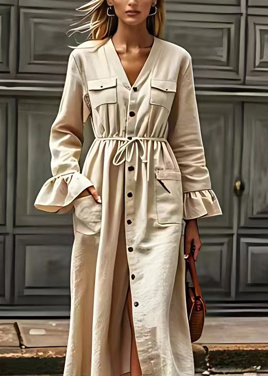 Beige V Neck Drawstring Pockets Cotton Dresses Long Sleeve