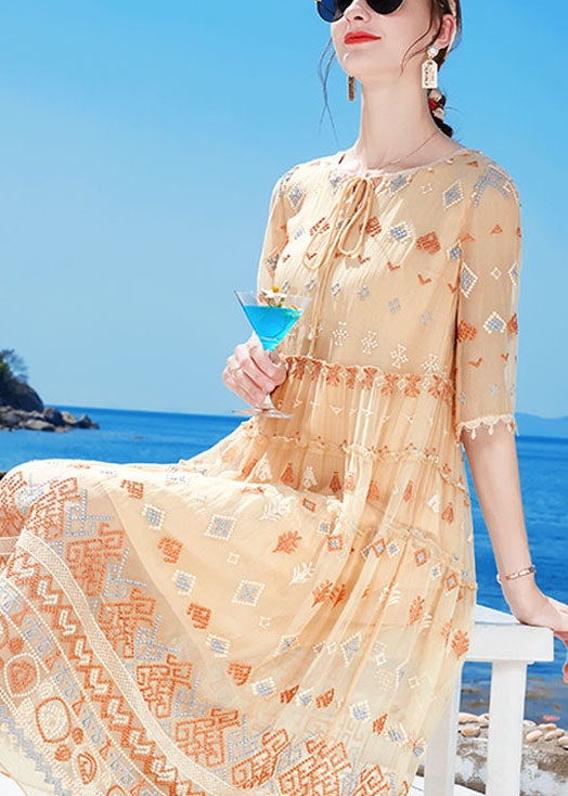 Apricot O-neck Ruffled Print Tassel Silk Holiday Dress Half Sleeve